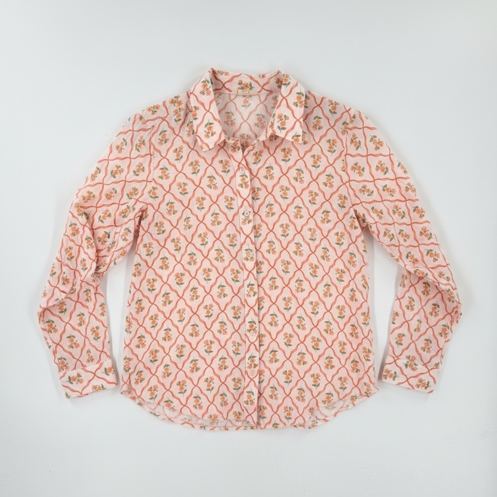 Lucky Brand Button Front Floral Geometric Print Long Sleeve Blouse Size M